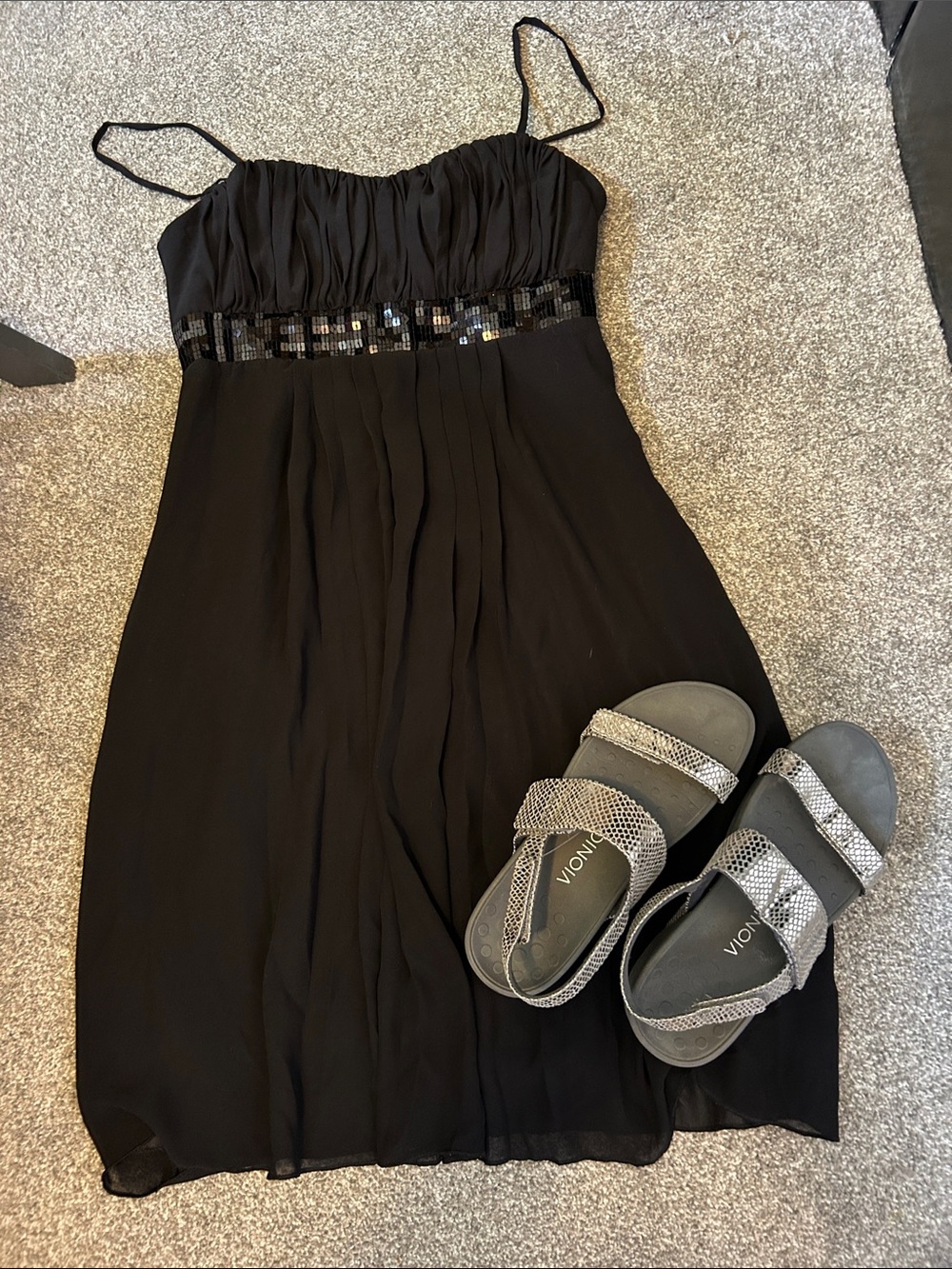 Girls Black Spaghetti-Strap Dress with Sequin Waist and Vionic sandals